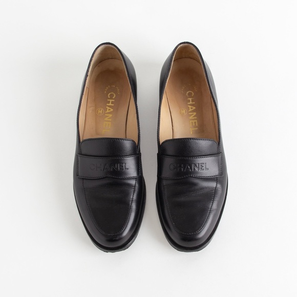 SOLD— Chanel Black Leather Logo Loafers - Picture 1 of 9